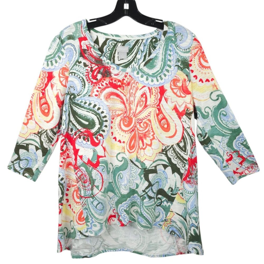 Chicos Floral Print Paisley Boho Top Womens 1 US M 3/4 Sleeve Scoop Neck Tunic